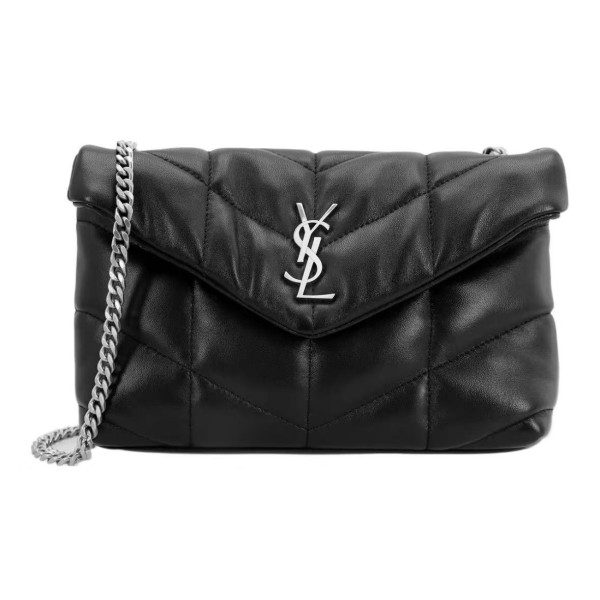 SAINT LAURENT YSL PUFFER, featuring a non-ferrous metal letter logo, magnetic clasp opening and closing design, cloud bag, pillow bag, crossbody single-shoulder bag, black for women